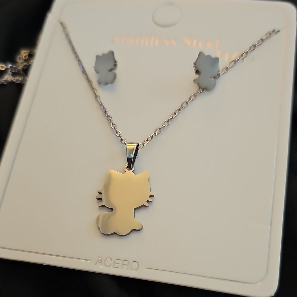 Silver Cat Pendant Necklace and Earring Set